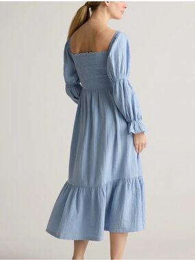 Quince Light Blue Smocked Square-Neck Midi Dress